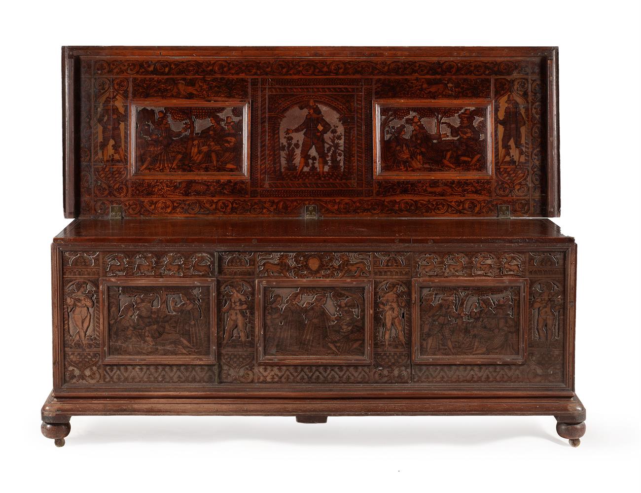 AN ITALIAN CARVED AND POKERWORK DECORATED CHEST OR CASSONE, 16TH CENTURY AND LATER - Image 2 of 12
