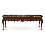 A CARVED MAHOGANY AND MARBLE TOPPED CONSOLE TABLE, IN GEORGE II STYLE, OF RECENT MANUFACTURE