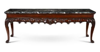 A CARVED MAHOGANY AND MARBLE TOPPED CONSOLE TABLE, IN GEORGE II STYLE, OF RECENT MANUFACTURE