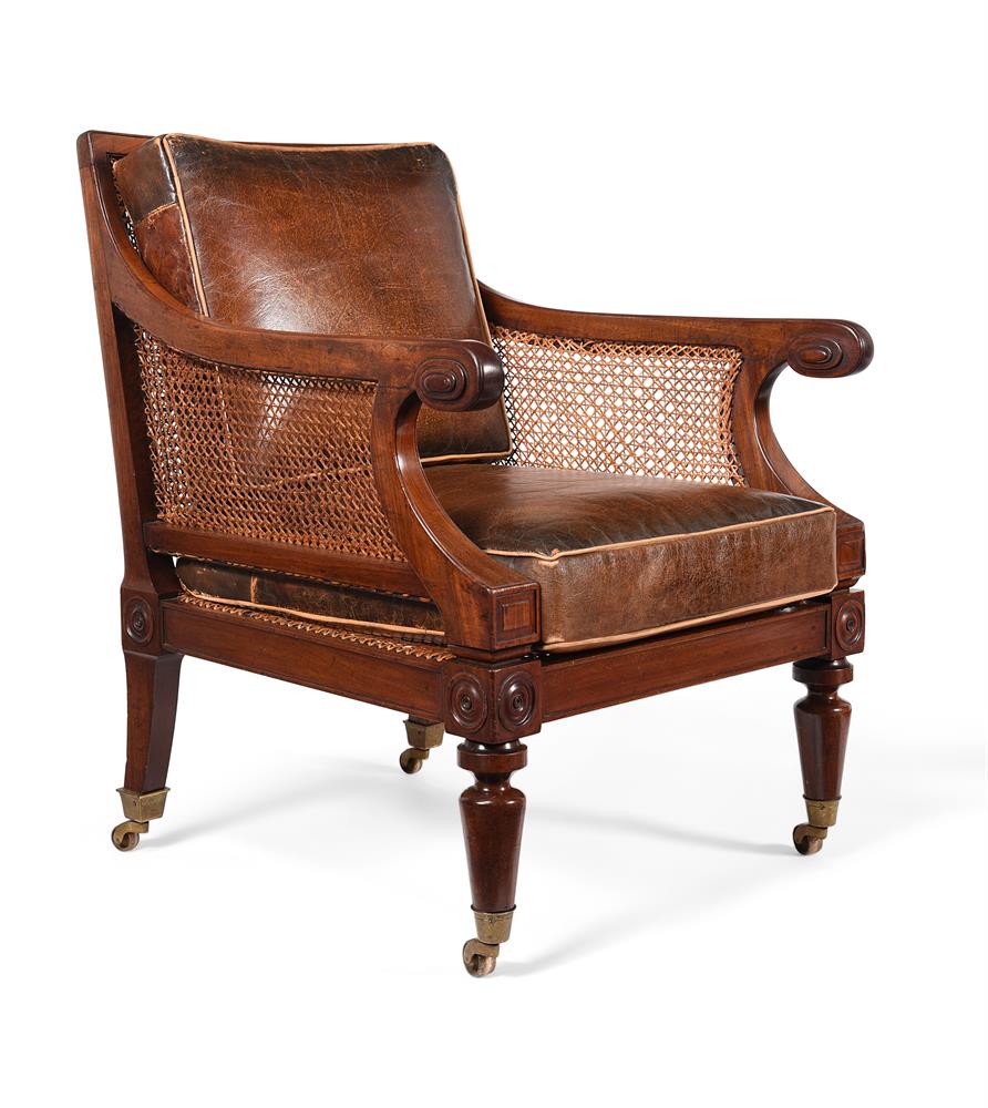 A PAIR OF REGENCY MAHOGANY BERGERE LIBRARY ARMCHAIRS, IN THE MANNER OF CHARLES HEATHCOTE TATHAM - Image 4 of 5