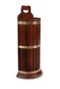 A MAHOGANY, LINE INLAID AND BRASS BOUND STICK STAND, LATE 19TH/ EARLY 20TH CENTURY