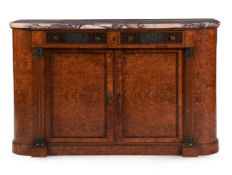 A PAIR OF AMBOYNA SIDE CABINETS WITH MARBLE TOPS, FIRST HALF 20TH CENTURY