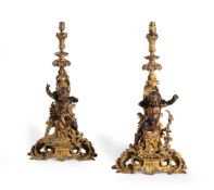A PAIR OF FRENCH BRONZE AND ORMOLU FIGURAL CHENETS, 18TH/19TH CENTURY AND LATER ADAPTED