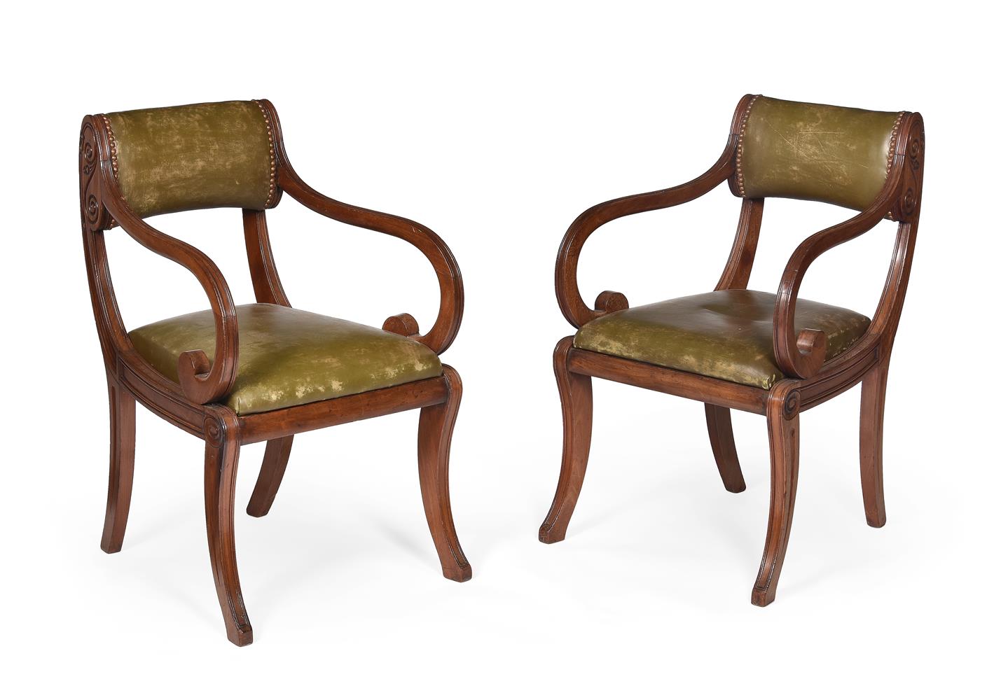 A PAIR OR REGENCY MAHOGANY AND LEATHER UPHOLSTERED OPEN ARMCHAIRS, POSSIBLY SCOTTISH, CIRCA 1820 - Image 2 of 4