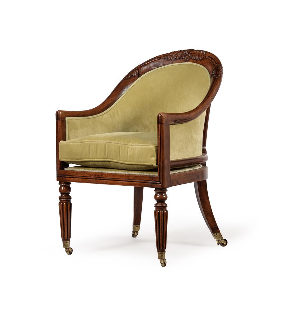A GEORGE IV SIMULATED ROSEWOOD AND UPHOLSTERED BERGERE ARMCHAIR, ATTRIBUTED TO GILLOWS, CIRCA 1825