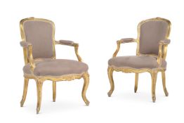 A PAIR OF LOUIS XV GILTWOOD ARMCHAIRS, BY LOUIS-MICHEL LEFEVRE, CIRCA 1765