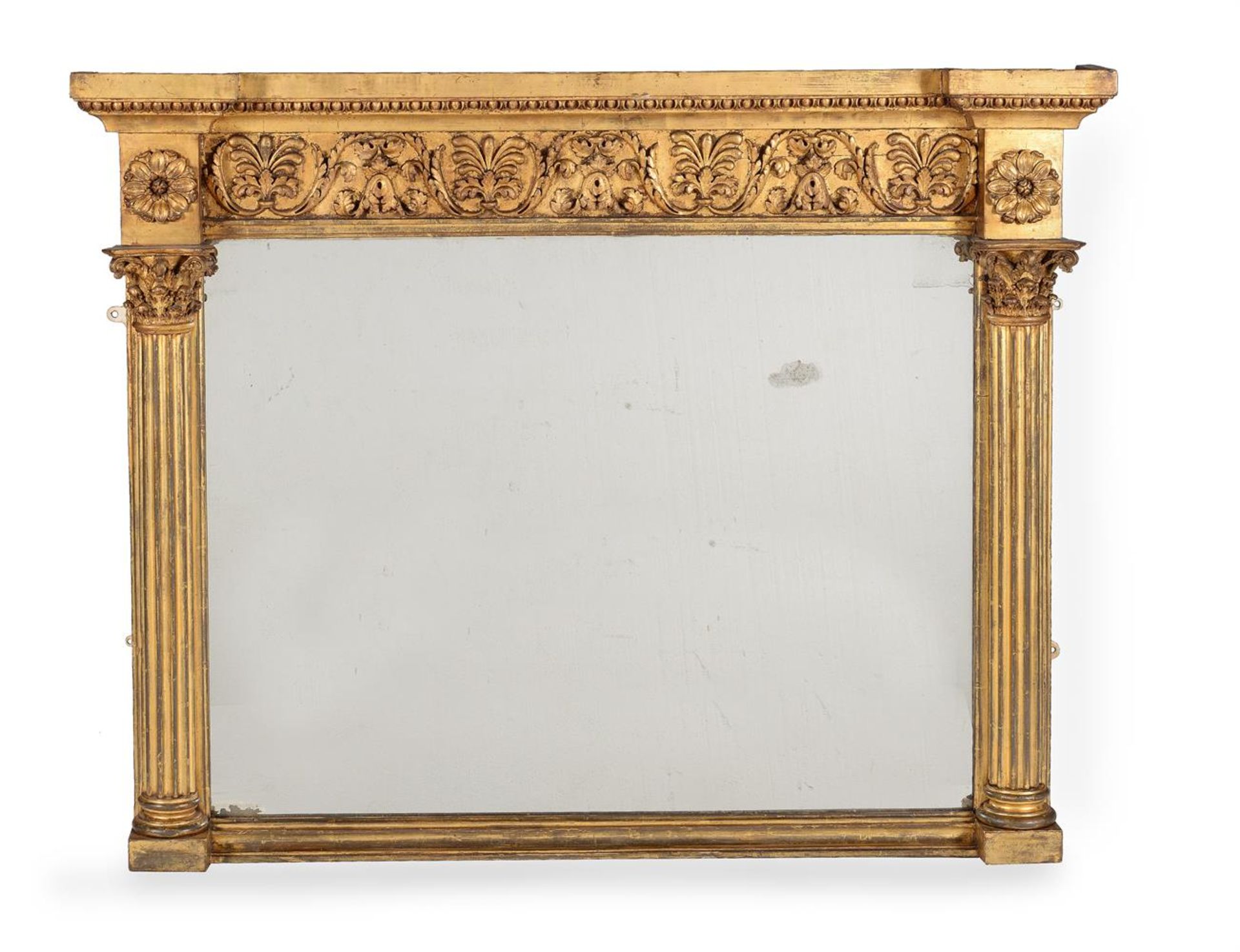 A REGENCY GILTWOOD OVERMANTLE MIRROR, IN CORINTHIAN STYLE, CIRCA 1820