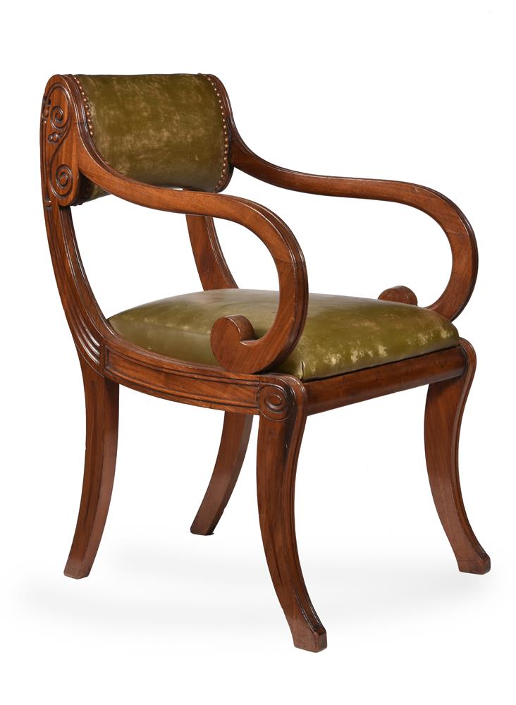 A PAIR OR REGENCY MAHOGANY AND LEATHER UPHOLSTERED OPEN ARMCHAIRS, POSSIBLY SCOTTISH, CIRCA 1820 - Image 3 of 4