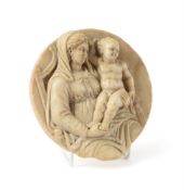 A NORTH ITALIAN SCULPTED WHITE MARBLE TONDO OF THE VIRGIN AND CHILD ENTHRONED, LATER 16TH CENTURY