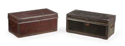 TWO LATE GEORGE III LEATHER AND BRASS STUDDED TRUNKS, EARLY 19TH CENTURY