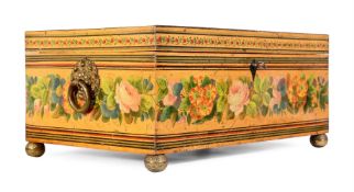 Y AN EARLY VICTORIAN PAINTED SATINWOOD SEWING BOX, MID 19TH CENTURY