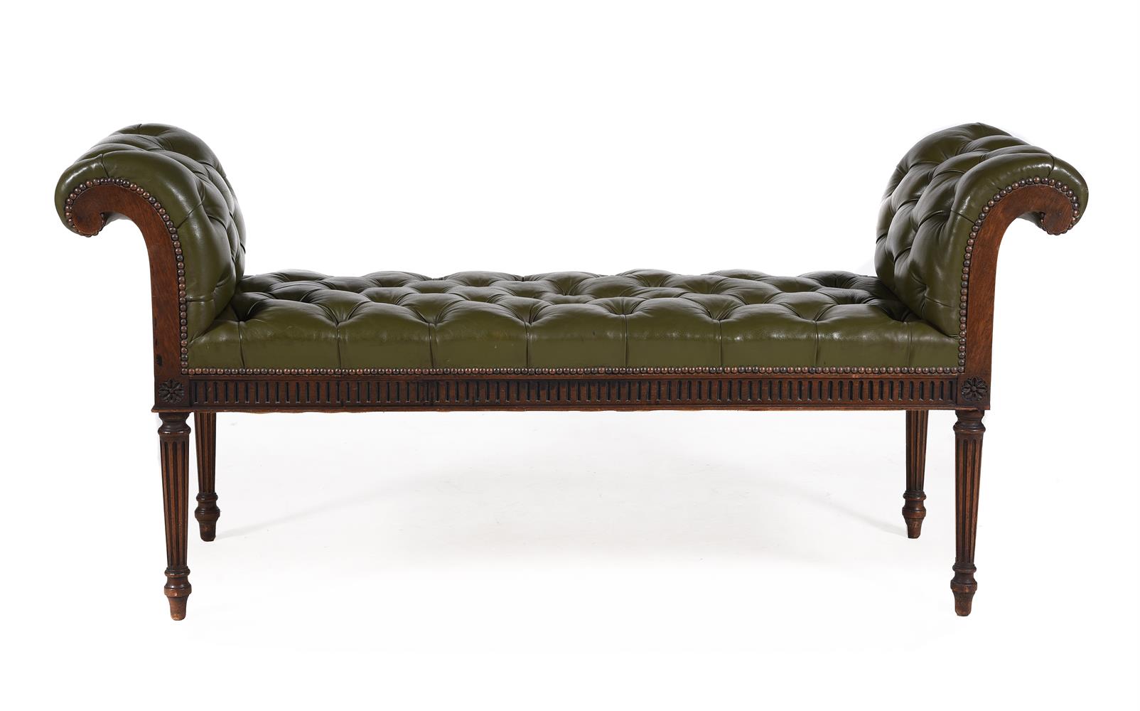 A MAHOGANY AND BUTTONED GREEN LEATHER UPHOLSTERED STOOL OR WINDOW SEAT, IN GEORGE III STYLE - Image 2 of 4