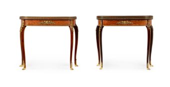Y A MATCHED PAIR OF FRENCH MAHOGANY, KINGWOOD CROSSBANDED AND PARQUETRY CARD TABLES