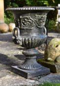 A PAIR OF BLACK PAINTED CAST IRON CAMPANA URNS, IN THE MANNER OF HANDYSIDE, 19TH CENTURY