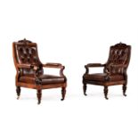 Y A PAIR OF WILLIAM IV ROSEWOOD AND BUTTONED LEATHER UPHOLSTERED ARMCHAIRS, CIRCA 1835