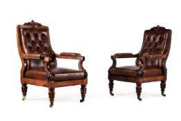 Y A PAIR OF WILLIAM IV ROSEWOOD AND BUTTONED LEATHER UPHOLSTERED ARMCHAIRS, CIRCA 1835