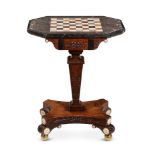 Y A GEORGE IV SIMULATED ROSEWOOD, IVORY MOUNTED AND SPECIMEN MARBLE TOPPED GAMES TABLE, CIRCA 1825