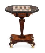 Y A GEORGE IV SIMULATED ROSEWOOD, IVORY MOUNTED AND SPECIMEN MARBLE TOPPED GAMES TABLE, CIRCA 1825