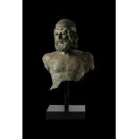 A BRONZE HALF LENGTH BUST OF A GREEK WARRIOR, AFTER THE RIACE BRONZES, LATE 20TH CENTURY