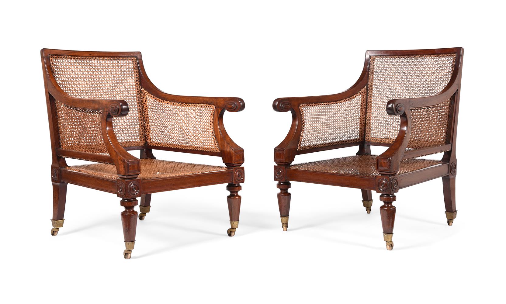A PAIR OF REGENCY MAHOGANY BERGERE LIBRARY ARMCHAIRS, IN THE MANNER OF CHARLES HEATHCOTE TATHAM - Image 2 of 5