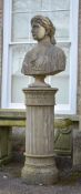 A CARVED STONE BUST OF A YOUNG WOMAN ON PEDESTAL BASE, BUST POSSIBLY EARLY 19TH CENTURY