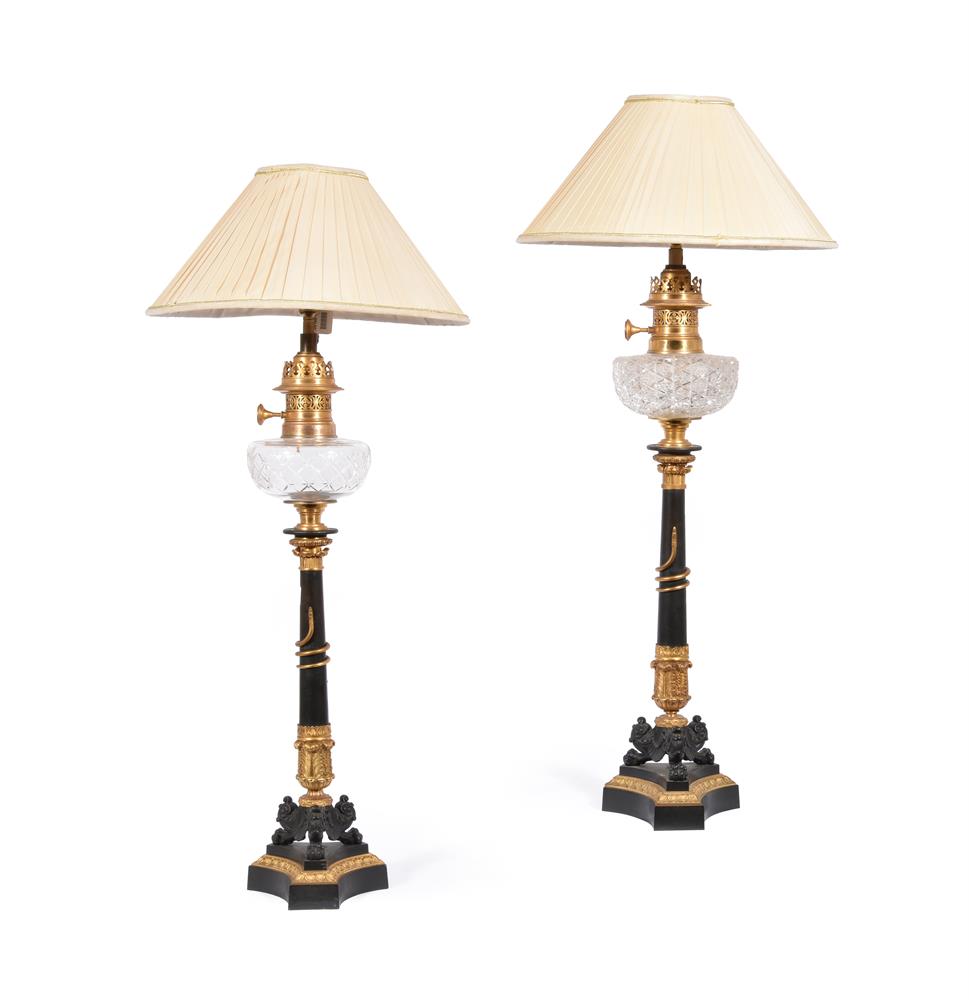 A PAIR OF ORMOLU, BRONZE AND GLASS LAMPS, FRANCO-AUSTRIAN, 19TH CENTURY