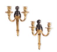 A PAIR OF FRENCH BRONZE AND ORMOLU TWIN-LIGHT WALL LIGHTS, AFTER DESIGNS BY THOMIRE, 19TH CENTURY