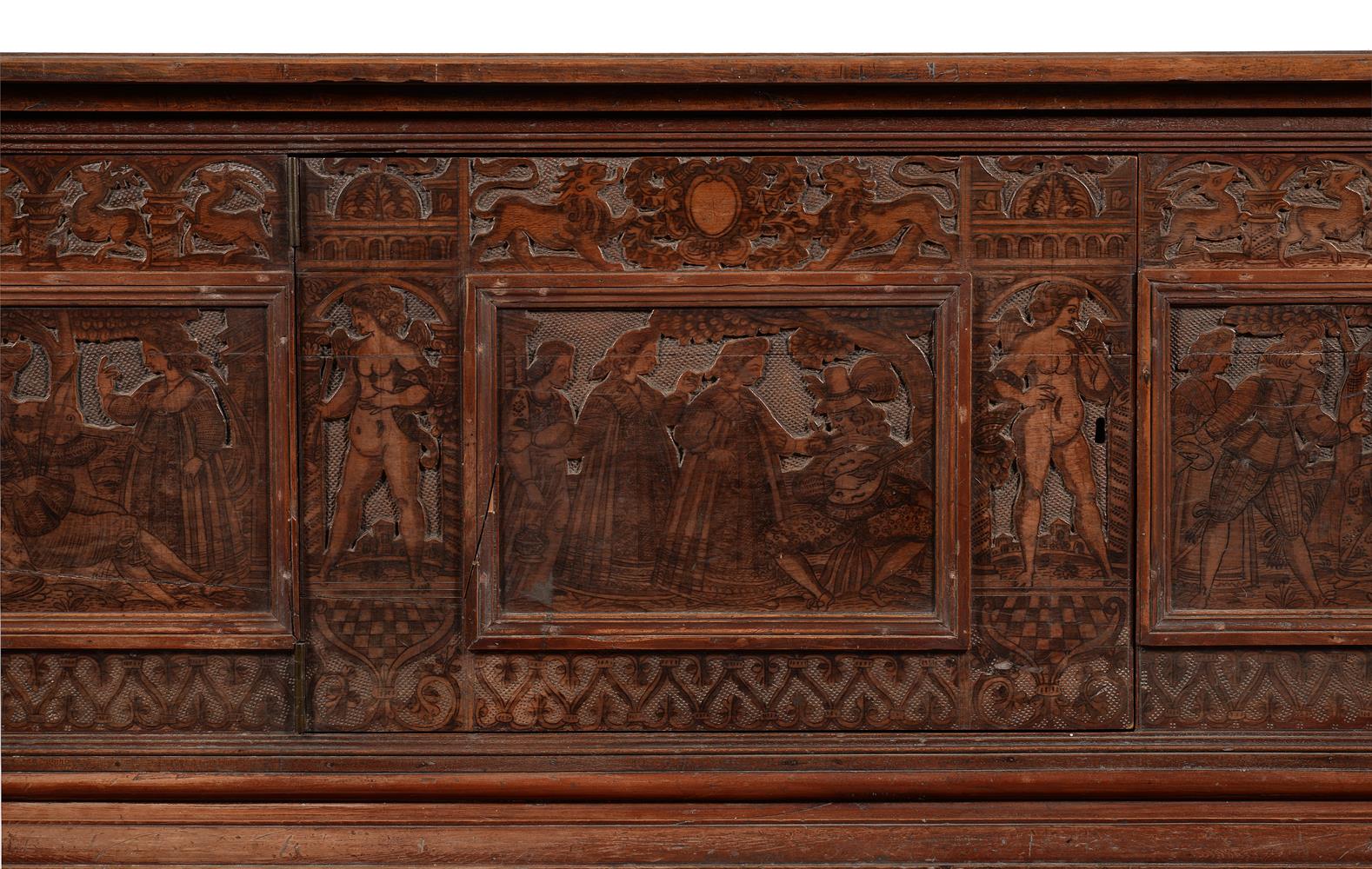 AN ITALIAN CARVED AND POKERWORK DECORATED CHEST OR CASSONE, 16TH CENTURY AND LATER - Image 3 of 12