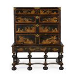 A BLACK LACQUER & GILT JAPANNED CHEST ON STAND, FIRST HALF 18TH CENTURY AND LATER