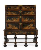 A BLACK LACQUER & GILT JAPANNED CHEST ON STAND, FIRST HALF 18TH CENTURY AND LATER