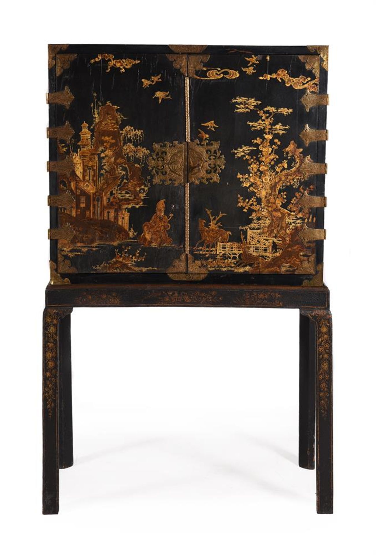 A WILLIAM & MARY BLACK LACQUER AND GILT JAPANNED CABINET ON STAND, THE CABINET LATE 17TH CENTURY
