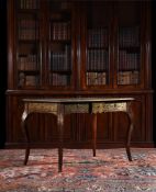 Y A BRASS AND TORTOISESHELL 'BOULLE' MARQUETRY, AMBOYNA AND EBONY BUREAU PLAT OR WRITING TABLE