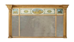 A REGENCY GILTWOOD AND VERRE EGLOMISE WALL MIRROR, EARLY 19TH CENTURY