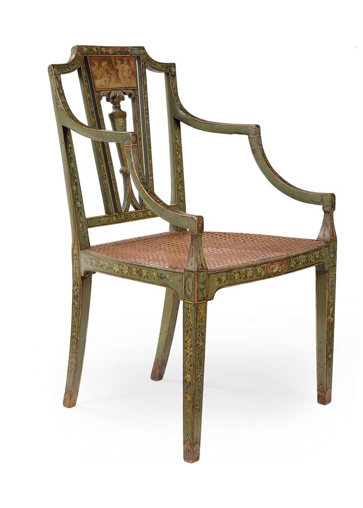 A GEORGE III PAINTED OPEN ARMCHAIR, IN NEO-CLASSICAL STYLE, CIRCA 1790