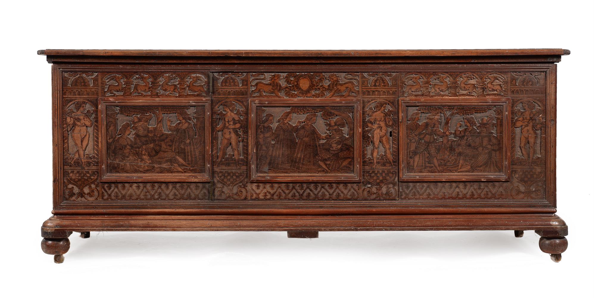 AN ITALIAN CARVED AND POKERWORK DECORATED CHEST OR CASSONE, 16TH CENTURY AND LATER