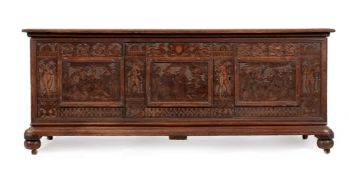 AN ITALIAN CARVED AND POKERWORK DECORATED CHEST OR CASSONE, 16TH CENTURY AND LATER