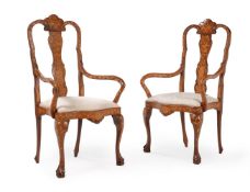 A PAIR OF DUTCH WALNUT AND MARQUETRY OPEN ARMCHAIRS, LATE 18TH/EARLY 19TH CENTURY