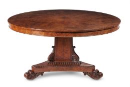 A REGENCY POLLARD OAK CIRCULAR CENTRE OR DINING TABLE, PROBABLY MADE BY GEORGE BULLOCK, CIRCA 1815