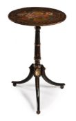 AN UNUSUAL REGENCY EBONISED AND POLYCHROME PAINTED OVAL TRIPOD TABLE, CIRCA 1815