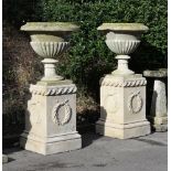 A LARGE PAIR OF COTSWOLD STONE VASES ON PEDESTALS, VASES CIRCA 1810-1830