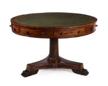 Y A GEORGE IV MAHOGANY AND EBONY INLAID DRUM TOP LIBRARY TABLE, IN THE MANNER OF MARSH & TATHAM