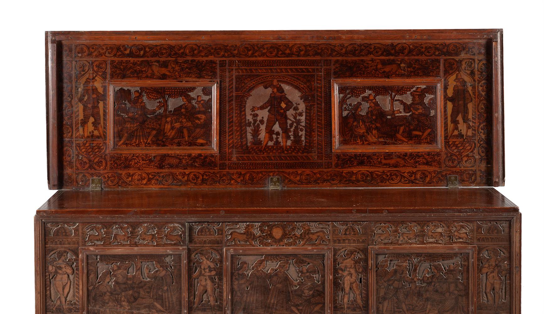 AN ITALIAN CARVED AND POKERWORK DECORATED CHEST OR CASSONE, 16TH CENTURY AND LATER - Image 4 of 12