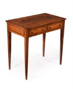 Y A GEORGE III SATINWOOD AND MAHOGANY SIDE TABLE, IN THE MANNER OF THOMAS SHERATON