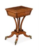 Y A GEORGE IV BURR WALNUT, BURR ELM, ELM, SATINWOOD CROSSBANDED AND EBONISED WORK TABLE, CIRCA 1825