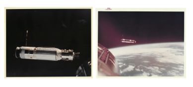 Two views of Agena during the historic first docking of two spacecraft, Gemini 8, 16-17 Mar 1966