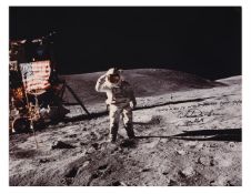 Charles Duke saluting the flag, SIGNED [large format], Apollo 16, 16-27 April 1972