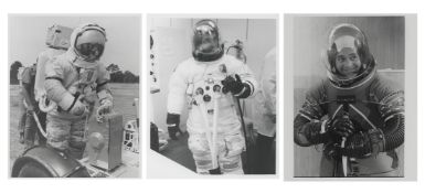 Three spacesuit portraits of the crew during pre-launch activities, Apollo 17, 7-19 Dec 1972
