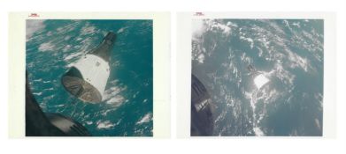 Two views of Gemini 7 floating over the seas and clouds of Earth, Gemini 6A and 7, 4-18 Dec 1965