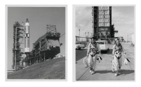 Two pre-launch views of the crew and the Titan rocket, Gemini 3, Mar 1965