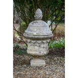 A STONE COMPOSITION GARDEN URN AND COVER, 20TH CENTURY